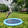 Hond springt door de fontein op een blauwe watermat.