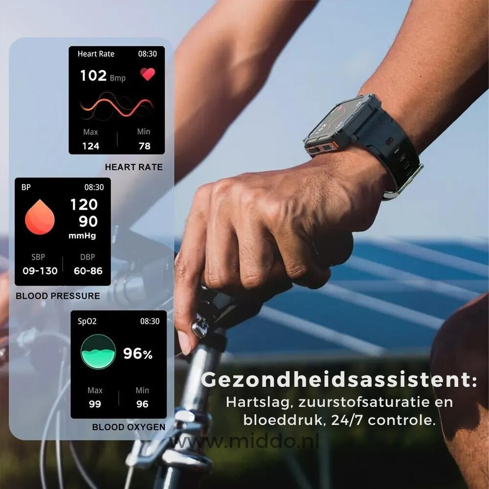 Gezondheidsfuncties van onverwoestbare smartwatch met hartslagmeter.