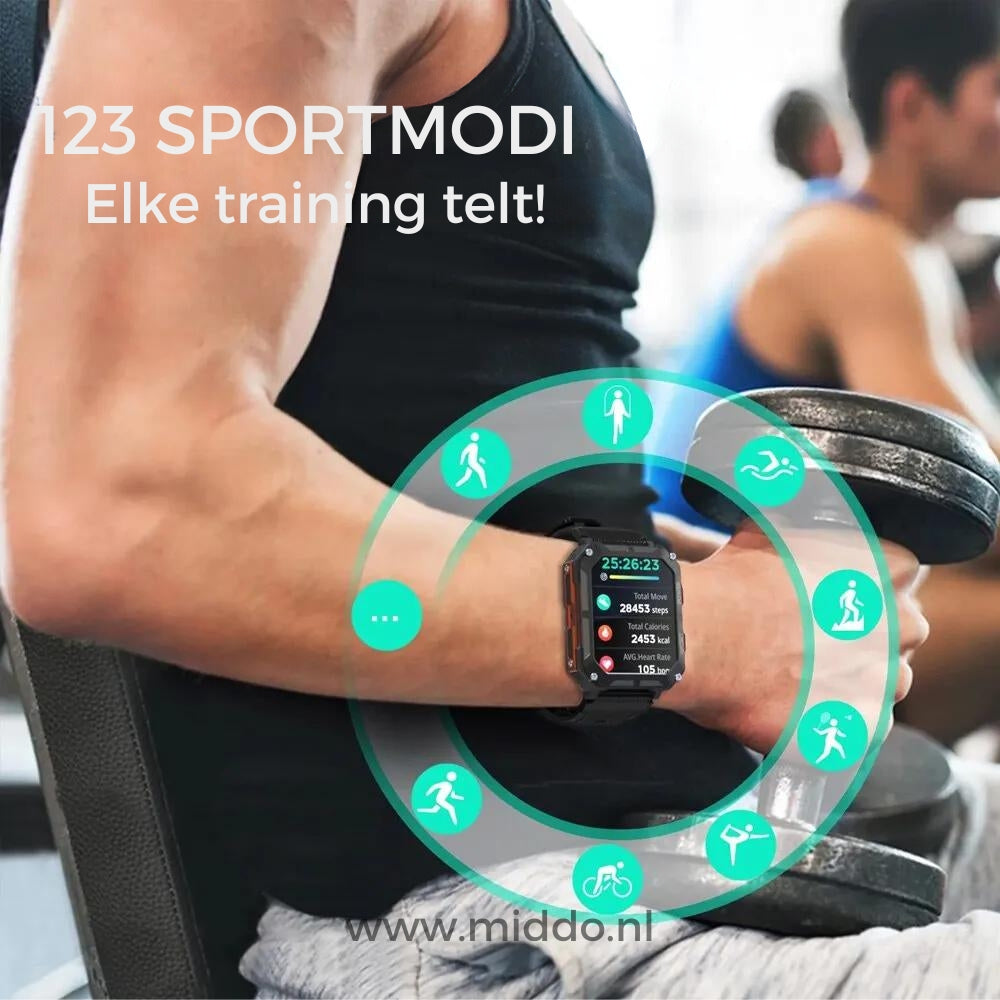 Onverwoestbare smartwatch met verschillende sportmodi tijdens workout.