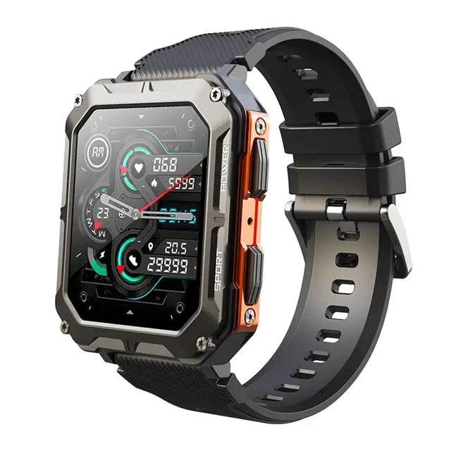 Onverwoestbare smartwatch met oranje accenten en sportieve uitstraling.