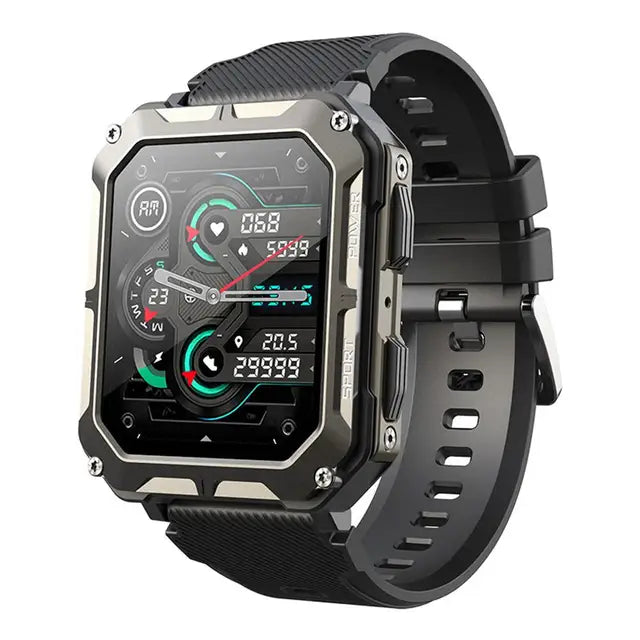 Zwarte onverwoestbare smartwatch met stoer ontwerp en robuuste functies.
