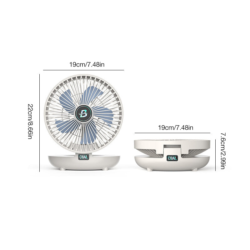 Afmetingen van de opvouwbare SwiftAir ventilator weergegeven.