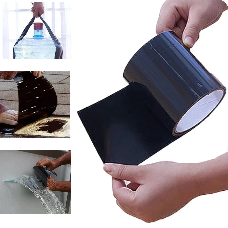 Verschillende toepassingen van zwarte watervaste tape op lekkende objecten.