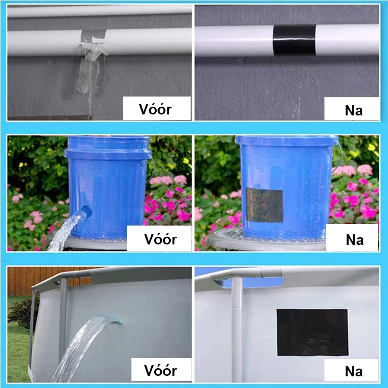 Diverse objecten gerepareerd met watervaste tape, voor en na.