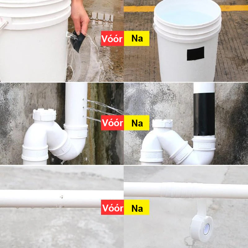 Voor en na gebruik van watervaste tape op witte PVC buis.