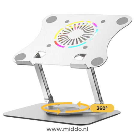 Witte 360° draaibare laptopstandaard met ingebouwde ventilator.