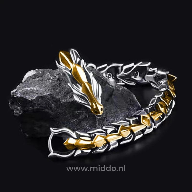 Zilveren en gouden drakenarmband op zwarte steen